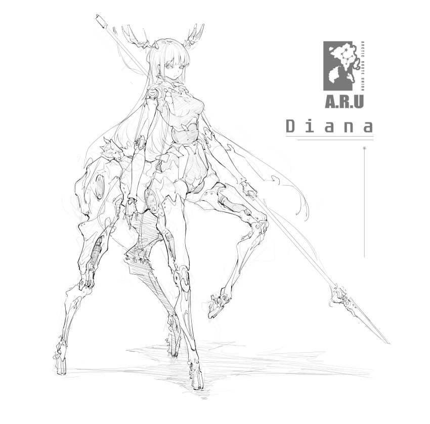 1girl absurdres antlers breasts cape cdlo centaur character_name cyborg diana_(pgr) emblem full_body greyscale highres holding holding_polearm holding_weapon horns joints long_hair looking_at_viewer mechabare mechanical_horns medium_breasts monochrome polearm punishing:_gray_raven robot_girl robot_joints see-through_cape sideways_glance simple_background solo taur weapon