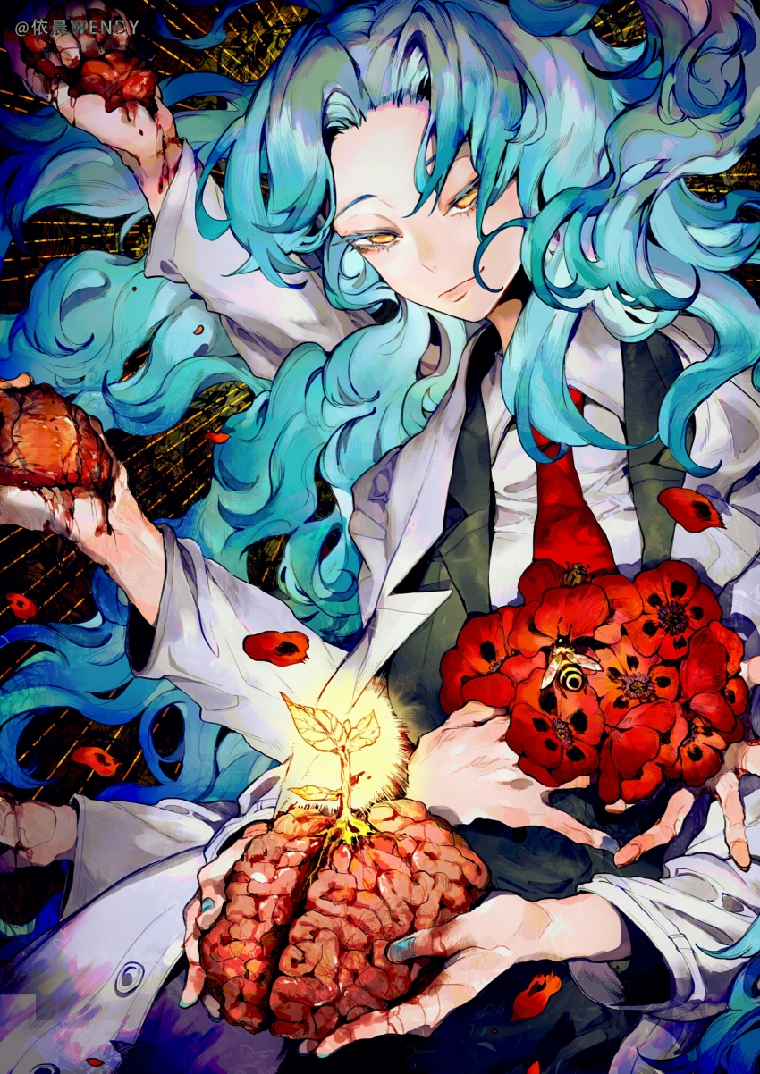 1girl absurdres angela_(project_moon) bee black_background black_jacket black_pants blazer blood blue_hair blue_nails brain bug chinese_commentary closed_mouth collared_jacket collared_shirt colored_eyelashes commentary_request cowboy_shot expressionless extra_arms half-closed_eyes heart_(organ) highres holding_heart_(organ) holding_organ insect jacket lab_coat lapels lobotomy_corporation long_hair long_sleeves looking_at_viewer nail_polish necktie notched_lapels one_side_up pants petals pink_lips project_moon red_necktie shirt solo sprout very_long_hair wavy_hair white_shirt yellow_eyes yichen_wendy