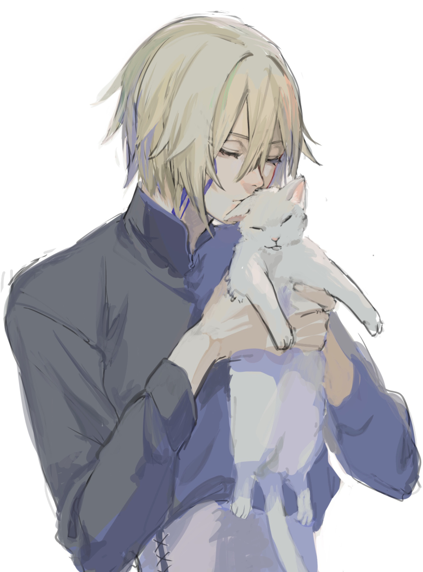 1boy animal animal_ears animal_nose black_shirt blonde_hair cat cat_ears cat_tail closed_eyes closed_mouth corset dainsleif_(genshin_impact) fingernails genshin_impact hair_between_eyes hands_up highres holding holding_animal kaimochi0839 long_sleeves male_focus mandarin_collar puffy_long_sleeves puffy_sleeves shirt short_hair simple_background standing tail white_background white_corset white_fur
