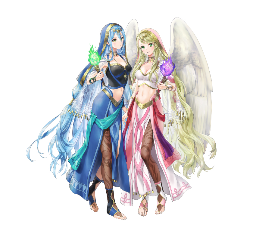 2girls absurdres azura_(fire_emblem) azura_(hatari)_(fire_emblem) blonde_hair blue_eyes blush breasts capelet cleavage closed_mouth collarbone commentary_request detached_collar dress feathered_wings fire fire_emblem fire_emblem:_radiant_dawn fire_emblem_fates fire_emblem_heroes full_body gold_trim green_eyes habit highres holding jewelry kaya8 leanne_(fire_emblem) leanne_(hatari)_(fire_emblem) long_hair looking_at_viewer medium_breasts midriff multiple_girls navel necklace nintendo official_art pantyhose parted_lips see-through_clothes simple_background smile standing stomach toes torch very_long_hair white_background wings yellow_eyes