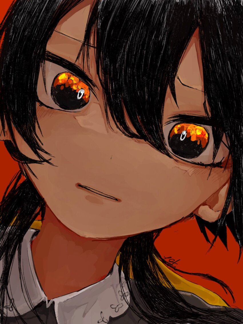 1girl apricot_(vocaloid) black_dress black_eyes black_hair clenched_teeth collared_shirt dot_nose dress dutch_angle eye_reflection floating_hair furrowed_brow hair_between_eyes hair_over_shoulder hair_ribbon highres looking_at_viewer low_twintails parted_lips pinosan portrait red_background reflection ribbon riko_(iyowa) shirt signature solo teeth twintails vocaloid yellow_ribbon