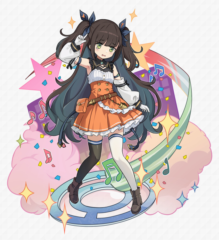 1girl bag brown_shoes colored_inner_hair commentary_request confetti detached_sleeves dress full_body gloves green_eyes grey_background hair_ribbon highres index_finger_raised kiri_(world_flipper) long_hair multicolored_hair musical_note mwm5 orange_dress ribbon satchel shoes solo tears thighhighs twintails very_long_hair white_gloves world_flipper zettai_ryouiki