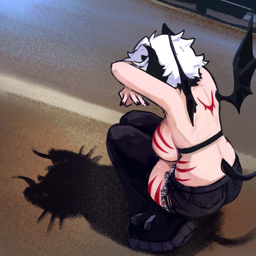 1girl ass back bare_back bat_wings black_hair black_nails black_shorts black_thighhighs blaire_rune blairevt body_markings breasts cat_shadow_puppet_(meme) city curvy demon demon_girl demon_tail demon_wings denim denim_shorts from_above horns indie_virtual_youtuber large_breasts meme nail_polish nonbinary original road shadow_puppet short_hair shorts sideboob solo solo_focus squatting street tail thick_thighs thighhighs thighs virtual_youtuber white_hair wings zettai_ryouiki
