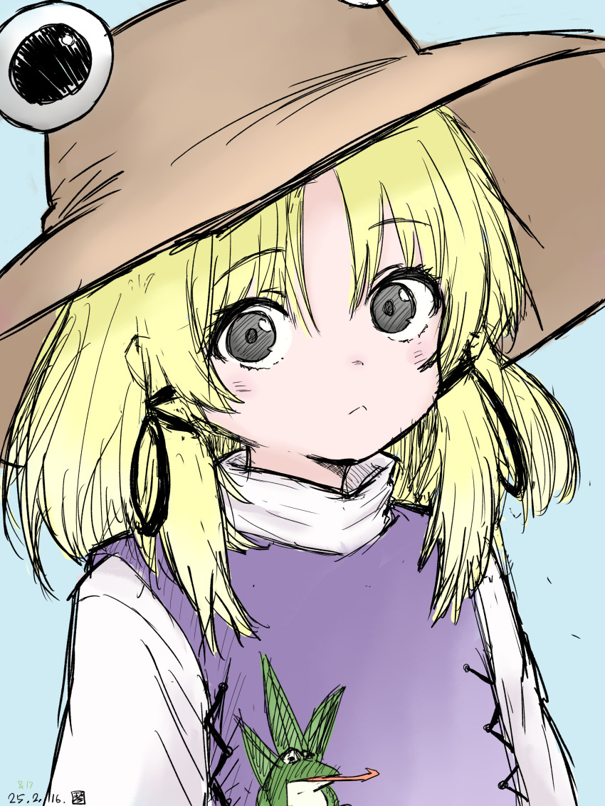 1girl absurdres animal_print aqua_background black_ribbon blonde_hair blue_background blush brown_hat closed_mouth commentary_request dress frog_print grey_eyes hair_between_eyes hair_ribbon hat highres kon_(pixiv_115109859) long_sleeves looking_at_viewer medium_hair moriya_suwako one-hour_drawing_challenge parted_bangs purple_dress purple_vest ribbon shirt short_hair sidelocks simple_background solo touhou turtleneck turtleneck_shirt upper_body vest white_shirt wide_sleeves