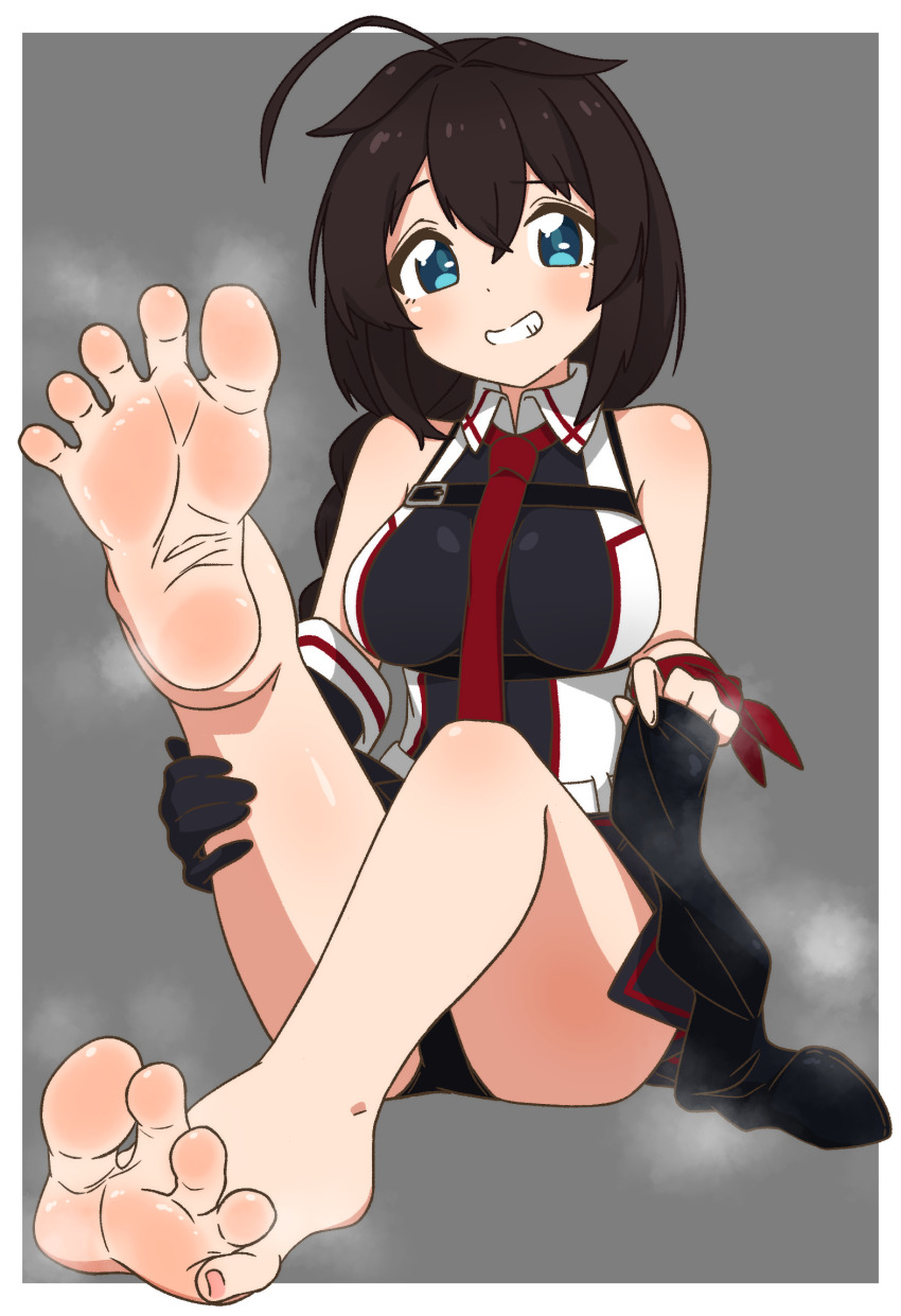 1girl barefoot black_hair blue_eyes braid feet grin highres kantai_collection light_blush long_hair looking_at_viewer nairo panties pantyshot shigure_(kancolle) shigure_kai_san_(kancolle) single_braid smile socks soles steam toes underwear unworn_socks