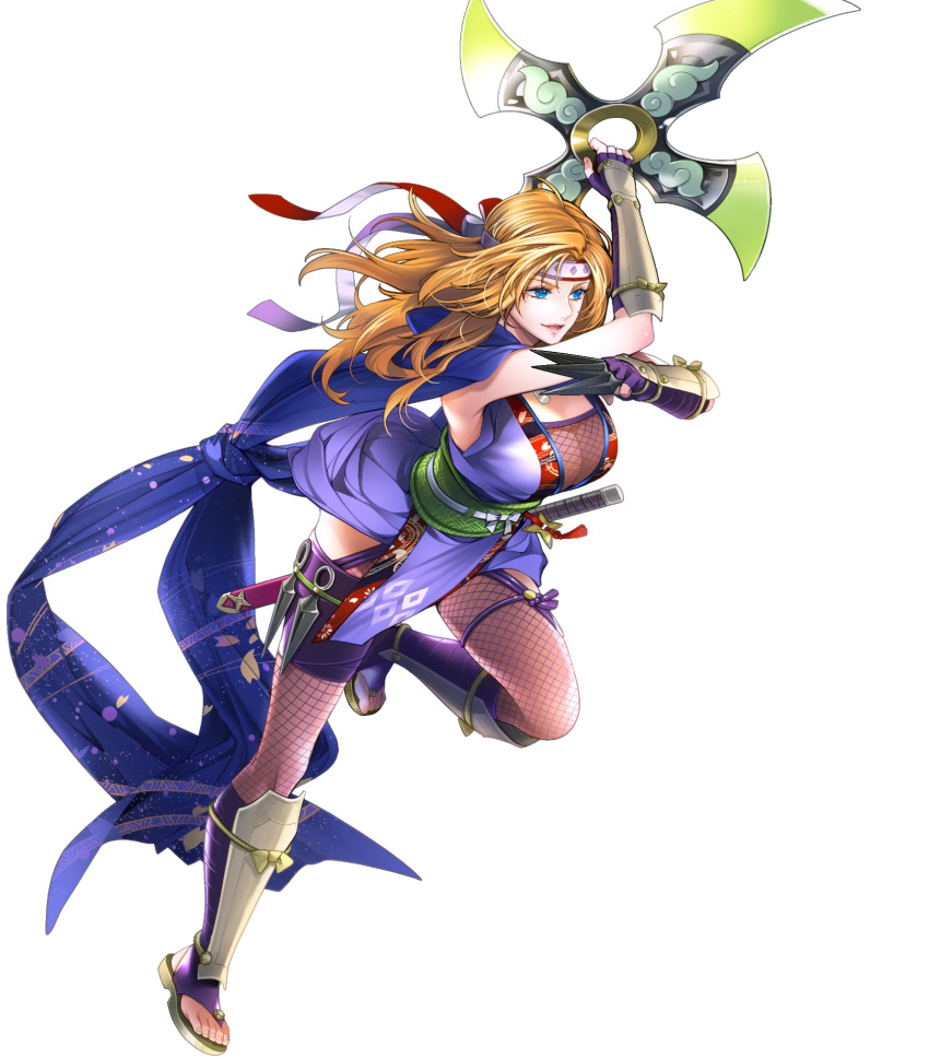 1girl arm_guards attack blonde_hair blue_eyes blue_scarf bodystocking breasts cleavage fire_emblem fire_emblem:_radiant_dawn fire_emblem_heroes fishnet_bodystocking fishnets fuuma_shuriken heather_(fire_emblem) heather_(ninja)_(fire_emblem) highres holding holding_shuriken holding_weapon japanese_clothes large_breasts long_hair lunge ninja nintendo non-web_source official_alternate_costume official_art parted_lips pelvic_curtain sandals scarf shin_guards shuriken smile solo weapon zouri