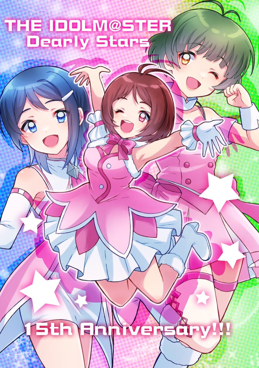 1boy 2girls 81_(mellowry) ahoge akizuki_ryo anniversary antenna_hair arms_up bare_shoulders blue_eyes blue_hair boots bow bowtie breasts brown_eyes brown_hair cleavage_cutout clenched_hand clothing_cutout commentary_request copyright_name cowboy_shot crossdressing cute_&amp;_girly_(idolmaster) dearly_stars_(idolmaster) detached_sleeves dot_nose dress dress_bow drop_shadow english_text frilled_dress frilled_sleeves frills full_body gloves hair_ornament hairclip hands_up hidaka_ai high_heel_boots high_heels highres idol idol_clothes idolmaster idolmaster_dearly_stars jumping layered_clothes layered_dress looking_at_viewer medium_breasts medium_hair mizutani_eri multiple_girls official_alternate_costume one_eye_closed open_mouth outstretched_arms pink_dress sidelocks single_detached_sleeve single_glove sleeveless sleeveless_dress smile spread_arms star_(symbol) straight_hair teeth thighhighs tongue upper_teeth_only white_boots white_gloves white_thighhighs white_wrist_cuffs wrist_cuffs