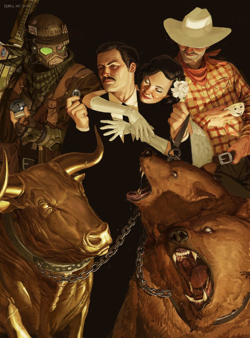 1girl 1other 2boys absurdres bear bull chain chain_leash coin courier_(fallout:_new_vegas) cowboy_hat cup deimos_art facial_hair fallout fallout:_new_vegas fangs fingerless_gloves flower formal_clothes gas_mask gloves gun hair_flower hair_ornament hat helmet highres holding holding_coin holding_cup holding_gun holding_leash holding_snow_globe holding_weapon hug hug_from_behind leash mask mr._house multiple_boys mustache pip_boy plaid_clothes plaid_shirt scarf shirt snow_globe suit weapon