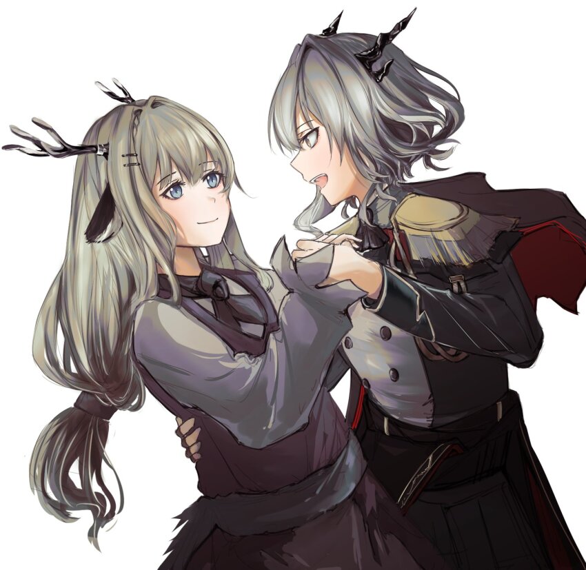 2girls alina_(arknights) animal_ears antlers arknights ascot deer_antlers deer_ears deer_girl dragon_girl dragon_horns epaulettes grey_eyes grey_hair hair_intakes hibiki4411 highres horns multiple_girls single_epaulette talulah_(arknights) talulah_the_fighter_(arknights) white_background yellow_eyes yuri