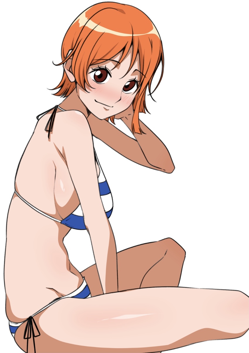 1girl bare_arms bare_legs bare_shoulders bikini blue_swimwear blush breasts brown_eyes closed_mouth commentary feet_out_of_frame from_side groin halterneck hand_up highres large_breasts looking_at_viewer looking_to_the_side monya_monya_(tmsc7752) nami_(one_piece) navel one_piece orange_hair short_hair side-tie_bikini_bottom sideboob single_sidelock sitting smile solo stomach striped_bikini striped_clothes swimsuit thighs white_background