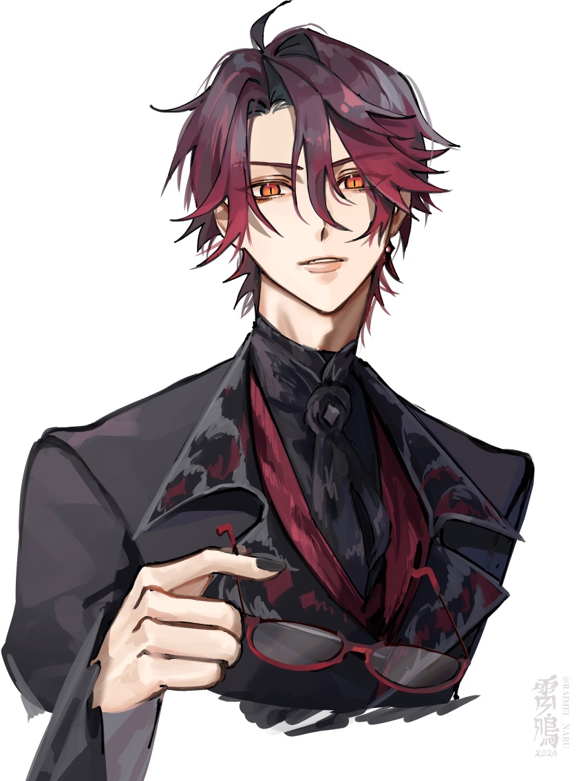 1boy absurdres ahoge black_jacket black_nails black_shirt fingernails hair_between_eyes highres holding holding_removed_eyewear holostars holostars_english jacket jurard_t_rexford long_sleeves looking_at_viewer male_focus nail_polish orange_eyes parted_lips raimei_naru red-framed_eyewear red_hair semi-rimless_eyewear shirt short_hair simple_background slit_pupils solo suit_jacket unworn_eyewear upper_body virtual_youtuber white_background