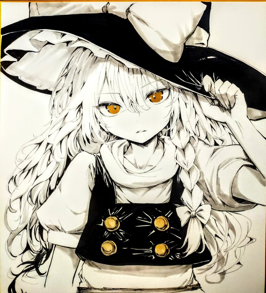1girl absurdres apron arm_at_side arm_up black_hat black_vest bow braid buttons closed_mouth collarbone cropped_arms greyscale hair_bow hand_on_headwear hat hat_bow highres kirisame_marisa long_hair looking_at_viewer mikan_(manmarumikan) monochrome orange_eyes puffy_short_sleeves puffy_sleeves shirt short_sleeves side_braid simple_background single_braid solo touhou traditional_media turtleneck turtleneck_shirt upper_body vest waist_apron white_background white_shirt witch_hat
