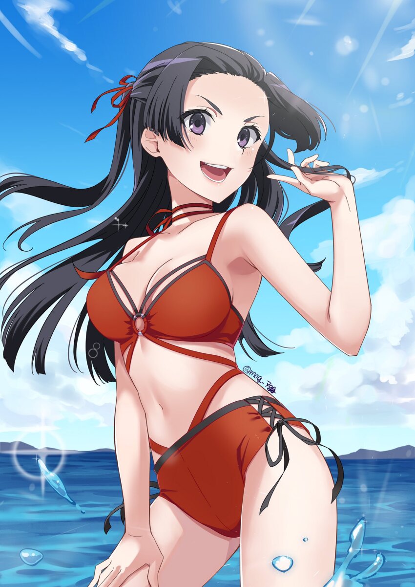1girl :d bikini black_hair black_ribbon blue_sky breasts choker cleavage collarbone cowboy_shot day floating_hair hair_ribbon hand_on_lap highres holding holding_own_hair kongou_mitsuko long_hair medium_breasts naguramu ocean open_mouth outdoors purple_eyes red_bikini red_ribbon ribbon ribbon_choker side-tie_bikini_bottom sky smile solo standing strap_gap swimsuit toaru_kagaku_no_railgun toaru_majutsu_no_index