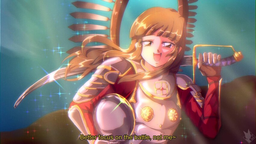 1girl armor breastplate brown_hair commission cuirass english_text feathers gauntlets highres holding holding_sword holding_weapon hussar long_hair looking_at_viewer military military_uniform open_mouth original pauldrons saber_(weapon) shoulder_armor solo step_arts subtitled sword tongue vambraces weapon winged_hussar