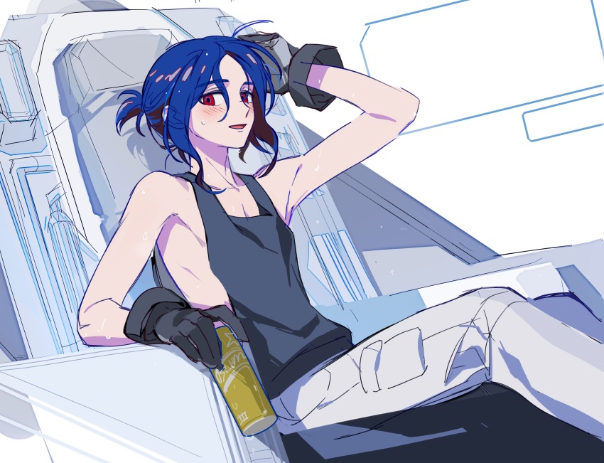 1boy blue_hair blush cockpit colored_inner_hair gloves gundam gundam_gquuuuuux highres holding looking_at_viewer lower_eyelashes_only male_focus multicolored_hair open_mouth pants ponytail purple_hair red_eyes requiemzz short_hair shuji_ito sitting sleeveless smile solo sweat tank_top two-tone_hair