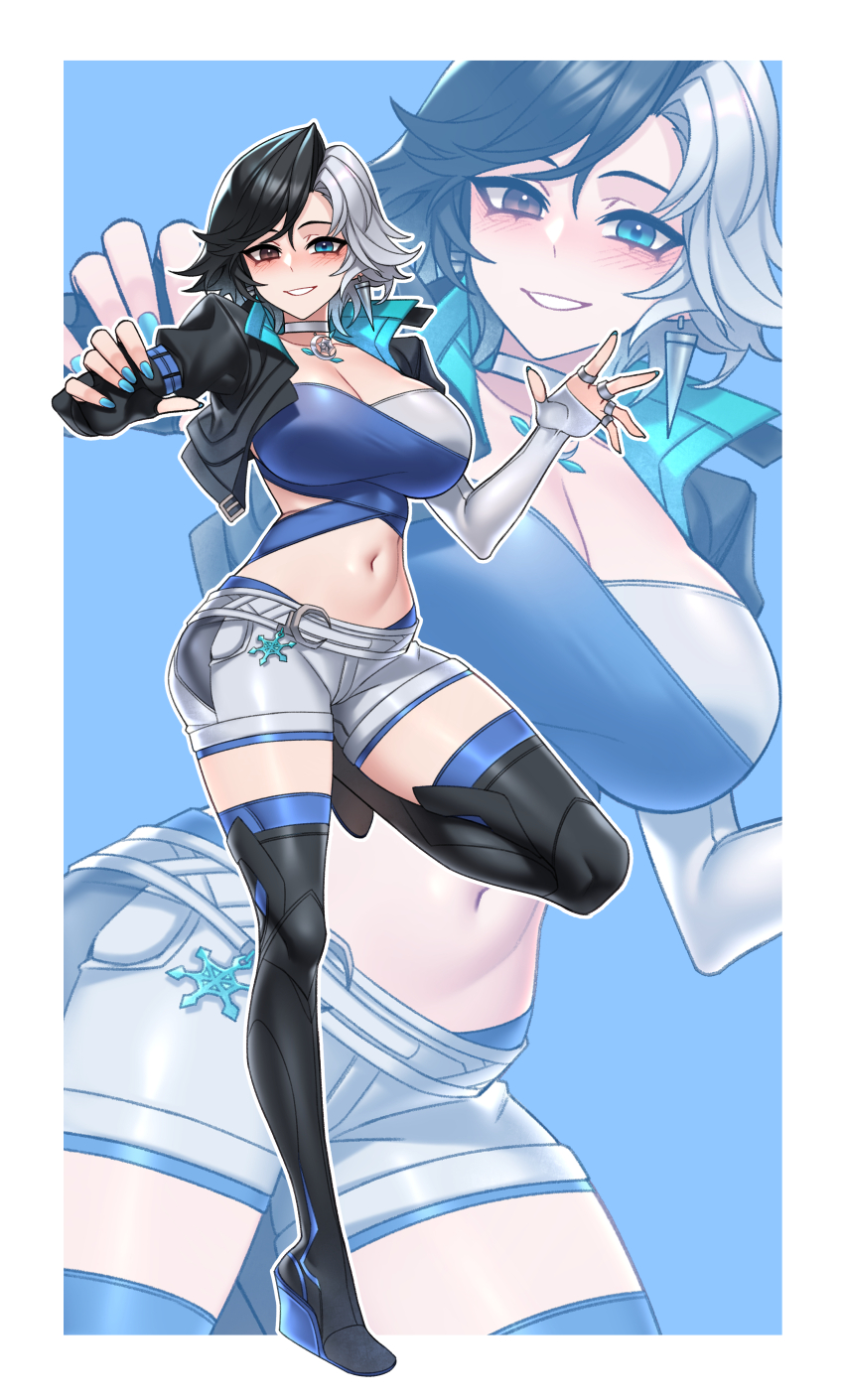 1girl absurdres asymmetrical_gloves belt black_boots black_gloves black_hair black_jacket blue_background blue_eyes blue_nails boots border breasts choker cleavage collarbone commentary_request commission crop_top cropped_jacket dogs_(dlrkdejr26) earrings fingerless_gloves full_body gloves grin hair_between_eyes heterochromia highres jacket jewelry korean_commentary large_breasts looking_at_viewer luna_snow marvel marvel_rivals midriff mismatched_gloves multicolored_hair multiple_rings navel open_clothes open_jacket parted_hair partially_fingerless_gloves purple_eyes ring short_hair short_shorts shorts sidelocks skindentation smile solo split-color_hair standing standing_on_one_leg thigh_boots two-tone_hair wedge_heels white_belt white_border white_choker white_gloves white_hair white_shorts zoom_layer