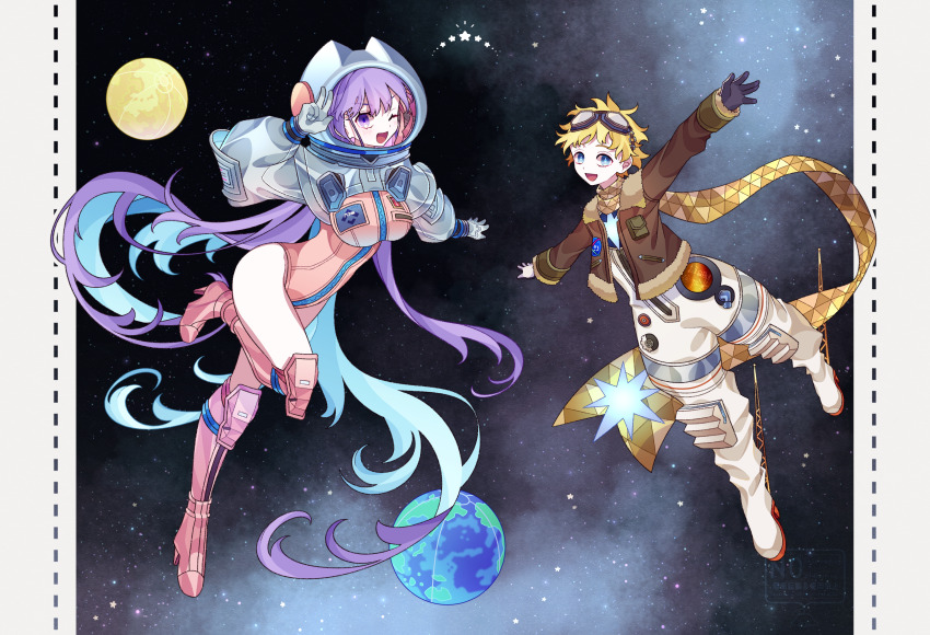 1boy 1girl absurdres baggy_clothes bb_(fate) bb_cosmo_(fate) bb_dubai_(fate) blonde_hair blue_eyes bomber_jacket boots breasts fate/grand_order fate_(series) full_body gloves goggles goggles_on_head grey_gloves grey_sleeves helmet highres jacket jumpsuit kujiramaru large_breasts leotard long_hair looking_at_viewer open_mouth pink_boots pink_hood pink_jumpsuit pink_leotard purple_eyes purple_hair scarf short_hair shrug_(clothing) smile space space_helmet spacesuit star_(sky) very_long_hair voyager_(fate) voyager_(third_ascension)_(fate) yellow_scarf