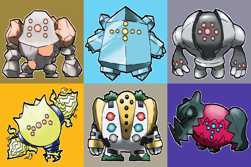 arms_at_sides blacknirrow blue_eyes blue_gemstone chibi creatures_(company) electricity full_body game_freak gem gen_3_pokemon gen_4_pokemon gen_8_pokemon grey_eyes head_tilt heterochromia highres ice legendary_pokemon looking_at_viewer metal moss nintendo no_humans orange_eyes outline pokemon pokemon_(creature) red_eyes regice regidrago regieleki regigigas regirock registeel rock simple_background skull standing straight-on white_outline yellow_eyes