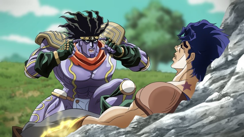 2boys araki_hirohiko_(style) armor blue_hair closed_eyes commentary english_commentary fake_screenshot grandguerrilla green_eyes hamon highres invincible_(series) jojo_no_kimyou_na_bouken jonathan_joestar lying male_focus meme multiple_boys official_style on_back open_mouth parted_lips pauldrons phantom_blood shoulder_armor stand_(jojo) star_platinum star_tattoo stardust_crusaders tattoo think_mark_think!_(meme) time_paradox