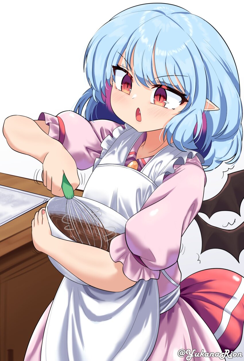 1girl apron baking bat_wings blue_hair bowl chocolate_making collared_shirt commentary hair_between_eyes highres holding holding_bowl holding_whisk light_blush mixing_bowl open_mouth pink_shirt pink_skirt puffy_short_sleeves puffy_sleeves red_eyes remilia_scarlet rion_(user_ufvg8527) shirt short_sleeves simple_background skirt skirt_set solo symbol-only_commentary touhou upper_body whisk whisking white_apron white_background wings