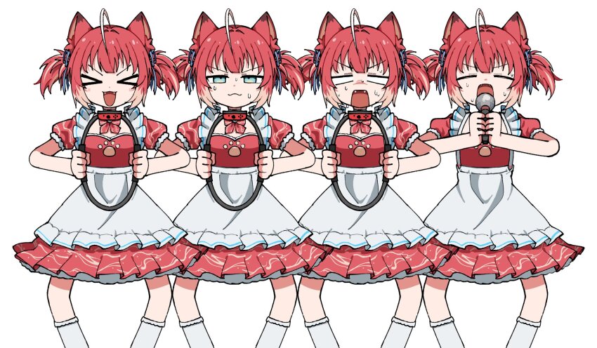 &gt;_&lt; 1girl :3 :d ahoge akami_karubi animal_ears apron blush_stickers choker closed_eyes cowboy_shot crazy_raccoon dress dyed_ahoge fangs frilled_apron frills hair_ribbon half-closed_eyes highres holding holding_microphone legs_apart microphone multicolored_hair multiple_expressions music nervous odayaka open_mouth orange_hair pleated_dress puffy_short_sleeves puffy_sleeves raccoon_ears raccoon_girl raccoon_tail red_dress red_hair ribbon short_hair short_sleeves singing smile socks standing sweat tail twintails v-shaped_eyebrows virtual_youtuber white_hair