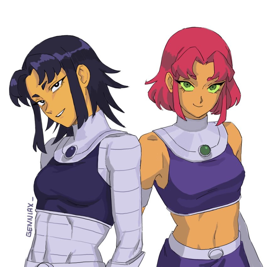 2girls artist_name black_hair blackfire colored_sclera colored_skin crop_top dc_comics genniax green_eyes green_sclera highres looking_at_viewer midriff multiple_girls orange_skin pink_hair purple_shirt shirt short_hair siblings simple_background sisters sleeveless sleeveless_shirt starfire teen_titans upper_body white_background