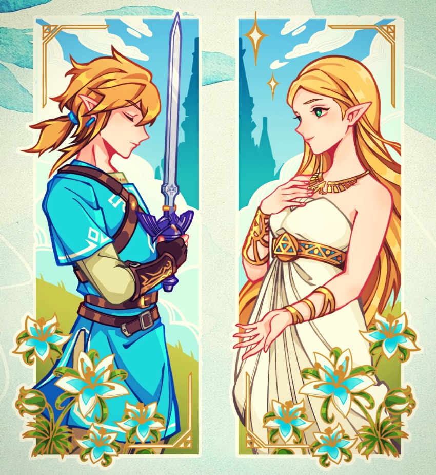 1boy 1girl bare_shoulders belt belt_buckle blonde_hair blue_flower blue_shirt blue_sky blue_tunic bracer brown_belt brown_gloves brown_pants brown_shirt buckle bud castle champion&#039;s_tunic_(zelda) closed_eyes closed_mouth cloud commentary day dress earrings english_commentary fingerless_gloves flower gloves gold_necklace grass green_eyes hair_between_eyes hair_tie hand_up highres holding holding_sword holding_weapon jewelry keyade layered_sleeves link long_hair long_sleeves looking_at_another low_ponytail master_sword medium_hair necklace nintendo pants parted_bangs pointy_ears ponytail princess_zelda profile shirt short_over_long_sleeves short_sleeves sidelocks silent_princess sky smile standing strapless strapless_dress sword the_legend_of_zelda the_legend_of_zelda:_breath_of_the_wild triforce tunic very_long_hair weapon white_dress white_flower