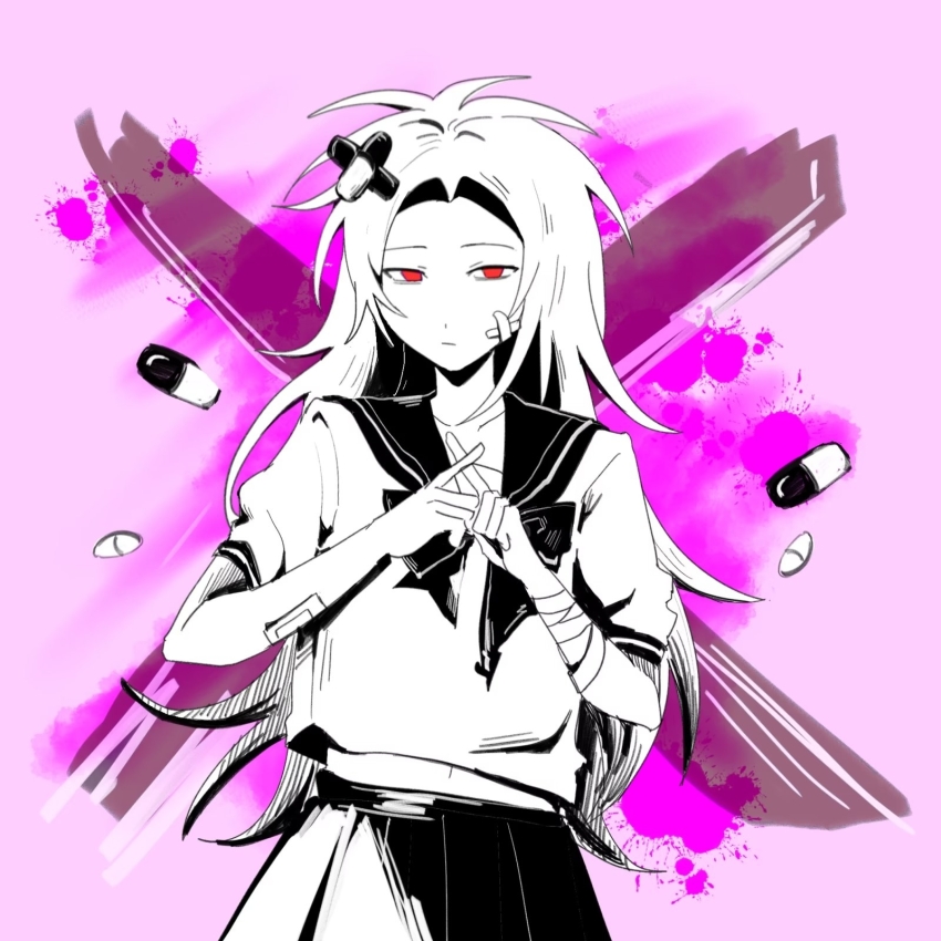1boy bandage_on_face bandaged_arm bandages chinese_commentary closed_mouth commentary_request cowboy_shot cross_hair_ornament crossdressing crossed_fingers expressionless greyscale_with_colored_background hair_ornament hatsutori_hajime highres long_hair male_focus neck_ribbon parody parted_bangs pill pink_background pleated_skirt red_eyes ribbon saibou_shinkyoku sailor_collar sailor_shirt school_uniform serafuku shirt short_sleeves skirt solo spot_color trap venom_(vocaloid) x yang_wei