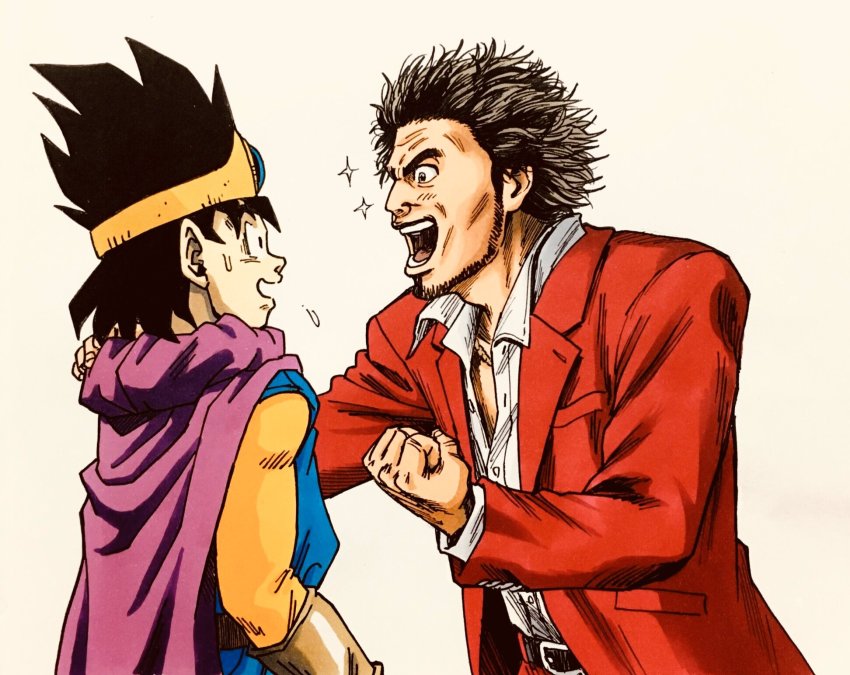 2boys beard brown_gloves cape circlet clenched_hand commentary_request crossover dragon_quest dragon_quest_iii facial_hair formal_clothes gloves hand_on_another&#039;s_shoulder highres kasuga_ichiban lee_(dragon_garou) multiple_boys open_mouth purple_cape red_suit roto_(dq3) ryuu_ga_gotoku_(series) ryuu_ga_gotoku_7 sega sparkle spiked_hair square_enix suit sweatdrop unbuttoned unbuttoned_shirt