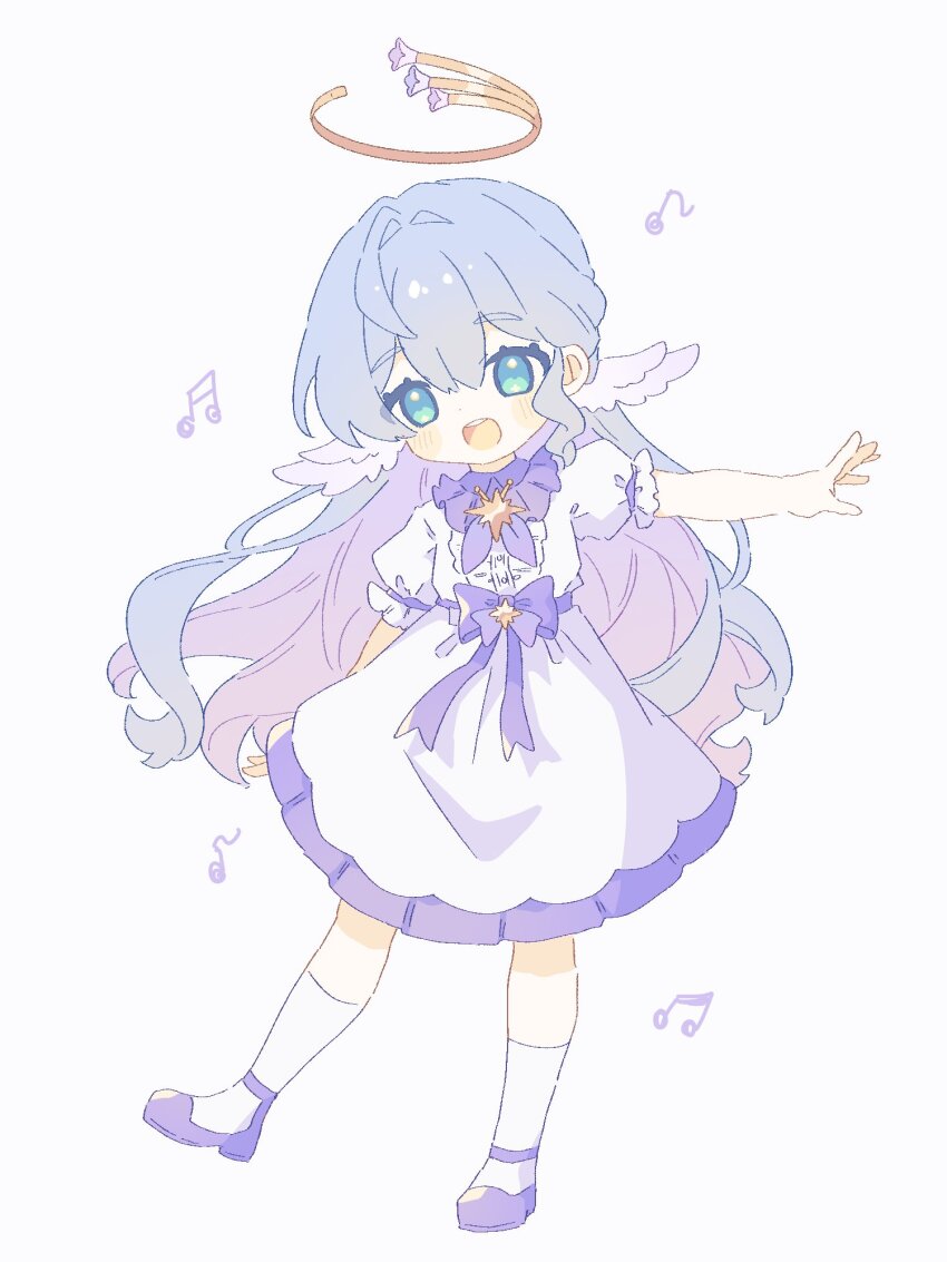 1girl aged_down aqua_eyes bow collared_dress dress dress_bow full_body hair_between_eyes halo head_wings highres honkai:_star_rail honkai_(series) kneehighs komano_shia long_hair looking_at_viewer mary_janes multicolored_hair musical_note open_mouth purple_bow purple_footwear purple_hair purple_wings robin_(honkai:_star_rail) shoes short_sleeves simple_background socks teeth two-tone_hair upper_teeth_only white_dress white_socks wings