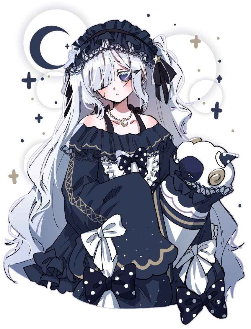 1girl bare_shoulders black_bow blue_dress blue_hairband bow closed_mouth crescent crescent_necklace dress frilled_dress frills gothic_lolita grey_hair hair_over_one_eye hairband highres holding holding_pillow jewelry kimburgertwo lolita_fashion lolita_hairband long_hair long_sleeves looking_at_viewer mahou_shoujo_no_majo_saiban natsume_an-an necklace one_side_up pillow polka_dot polka_dot_bow purple_eyes simple_background sleeves_past_fingers sleeves_past_wrists solo stuffed_animal stuffed_sheep stuffed_toy