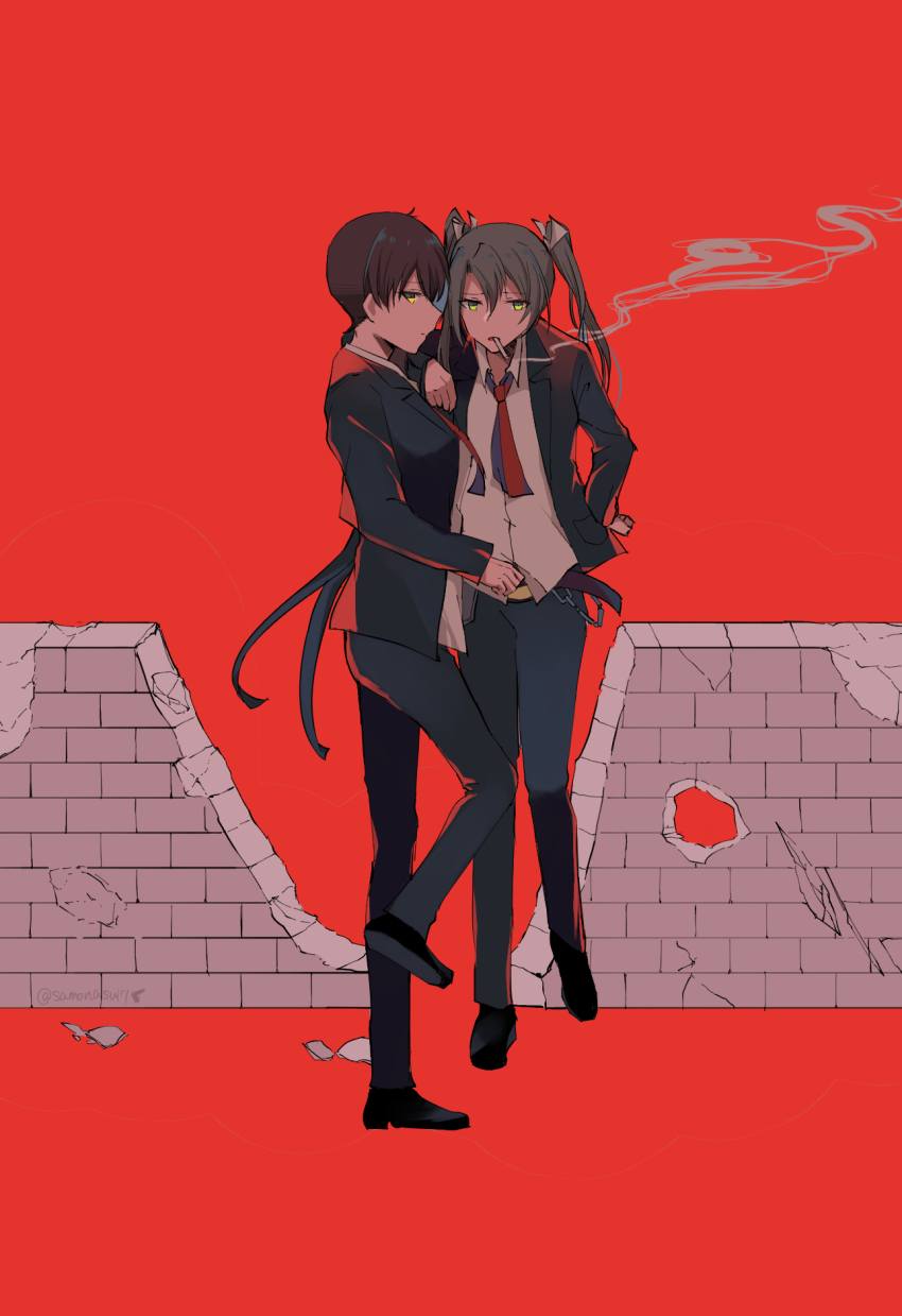 2girls alternate_costume brown_eyes brown_hair cigarette collared_shirt formal_clothes green_eyes green_hair hair_ribbon highres kaga_(kancolle) kantai_collection long_hair long_sleeves multiple_girls necktie red_necktie ribbon samonasu17 shirt smoking suit twintails white_ribbon white_shirt zuikaku_(kancolle)