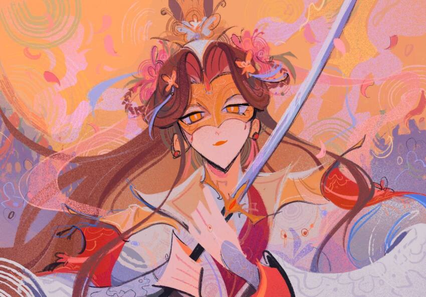 1boy abstract_background androgynous bracer brown_hair chinese_clothes closed_mouth crowd earrings eye_mask flower forehead_jewel gold_mask hair_flower hair_ornament holding holding_sword holding_weapon jewelry layered_clothes layered_sleeves long_hair long_sleeves looking_at_viewer makeup male_focus mask orange_lips ornate_clothes outdoors pink_flower pink_petals pink_ribbon portrait prince ribbon scentofmint signature sky smile solo sword tianguan_cifu weapon white_flower xiao_guan_(headdress) xie_lian xie_lian_(flower_crowned_martial_god) yellow_eyes yellow_flower yellow_sky