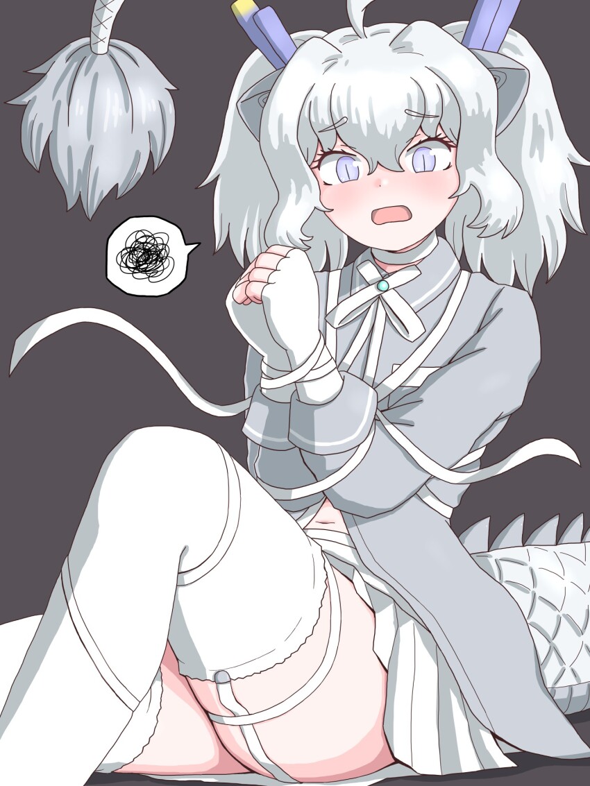 1girl animal_ears blush bound bound_wrists bow bowtie choker dragon_ears dragon_girl dragon_tail embarrassed fingerless_gloves garter_straps gloves grey_eyes grey_shirt hair_between_eyes highres kemono_friends long_sleeves midriff_peek mukouyama_mu navel pleated_skirt ribbon shirt short_hair sidelocks sitting skirt solo spoken_squiggle squiggle tail thighhighs white_bow white_bowtie white_choker white_dragon_(kemono_friends) white_gloves white_hair white_skirt white_thighhighs zettai_ryouiki