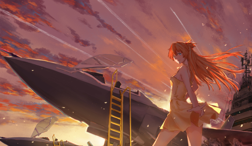 1girl absurdres aircraft airplane bare_shoulders battleship blue_eyes dawn dress female_focus grin hair_ornament hairclip highres jet ladder looking_at_viewer looking_back military military_vehicle neon_genesis_evangelion orange_hair red_sky ship sky smile solo souryuu_asuka_langley standing upskirt warship watercraft wind yellow_dress