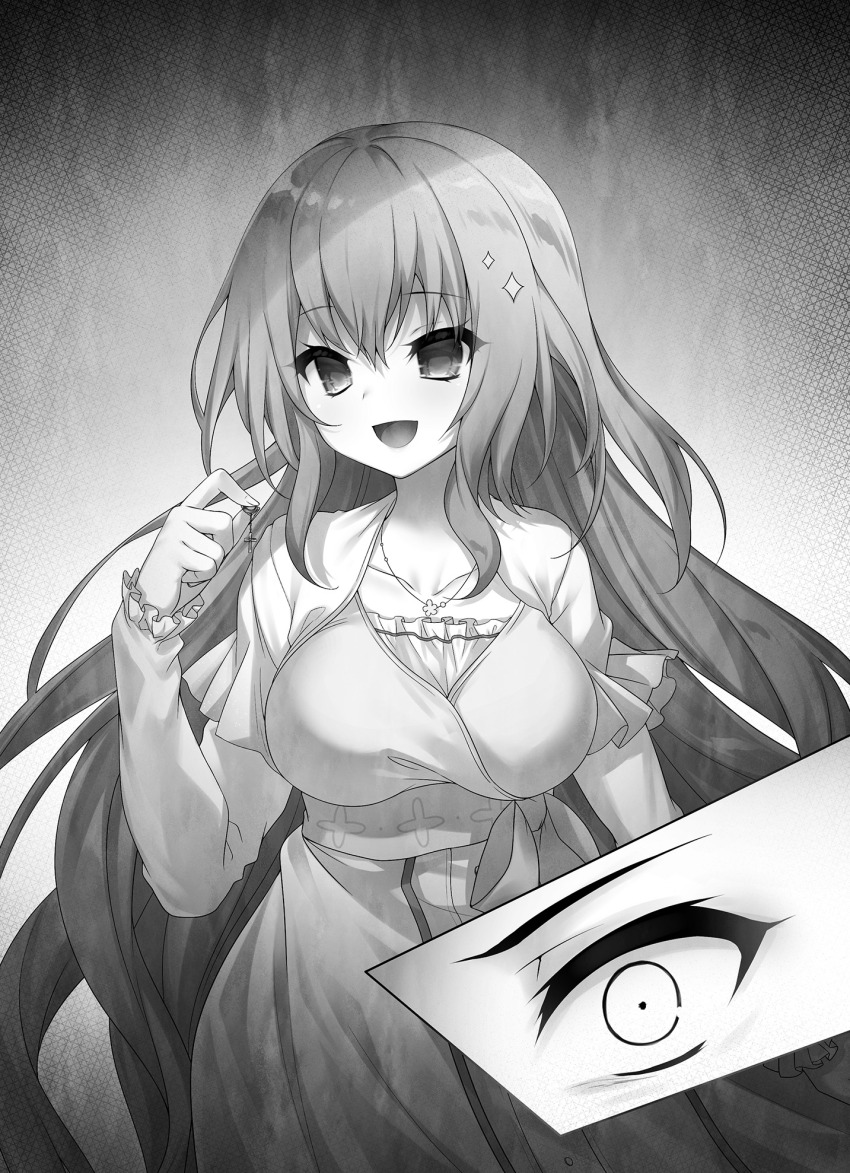 1girl 9-nine- :d amatsuji arm_at_side breasts collarbone cowboy_shot cross cross_earrings dark_persona dress earrings empty_eyes eyelashes eyes_visible_through_hair floating_hair frilled_sleeves frills grey_background greyscale hair_between_eyes hand_up highres holding holding_earrings jewelry kujou_miyako large_breasts long_hair long_sleeves looking_at_viewer monochrome necklace non-web_source official_alternate_costume open_mouth simple_background smile solo sparkle_hair_ornament very_long_hair wide-eyed