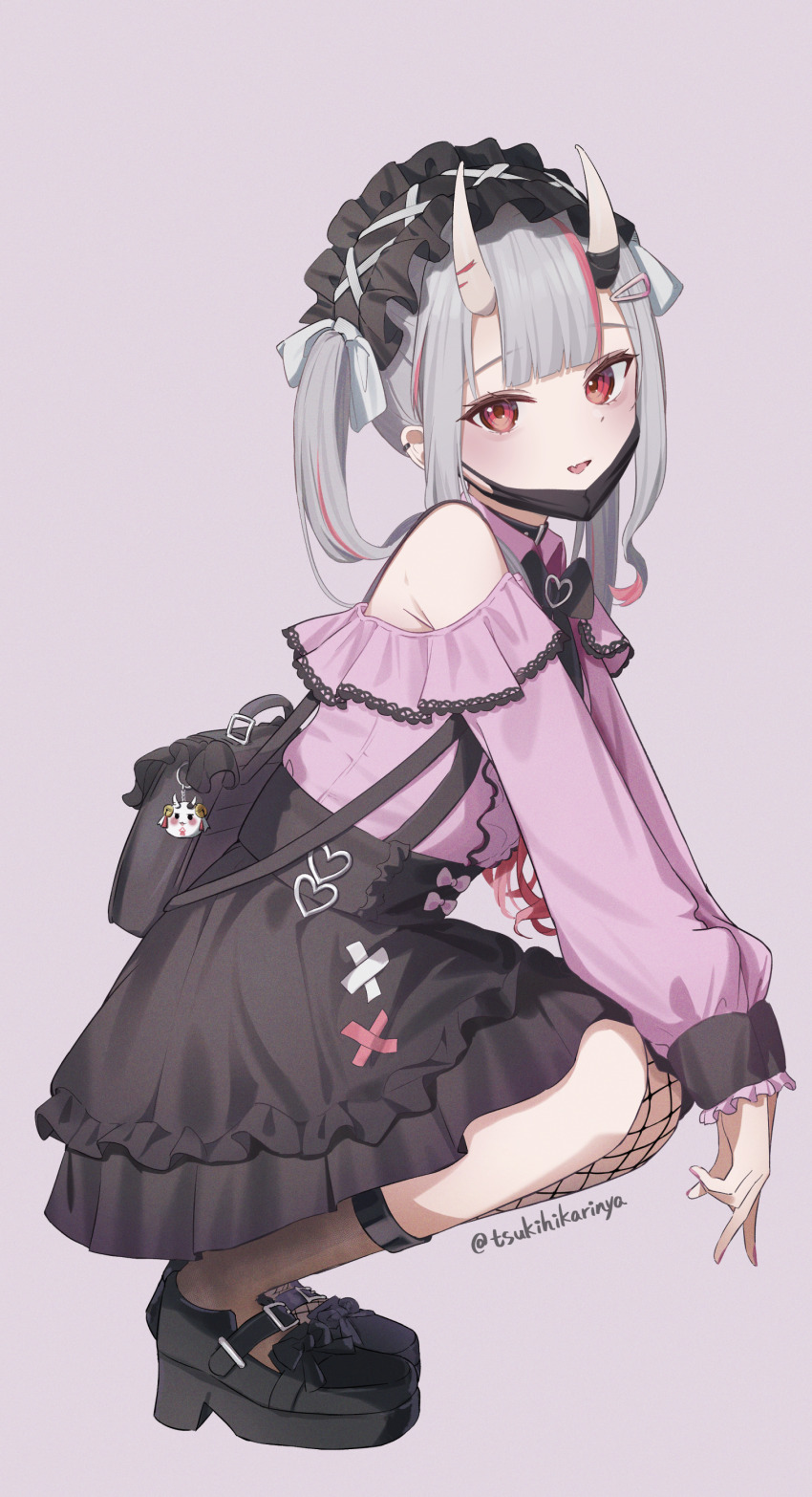 1girl :d absurdres alternate_costume alternate_hairstyle asymmetrical_legwear black_bag black_bow black_bowtie black_choker black_headdress black_mask black_shoes black_skirt black_socks bow bowtie center-flap_bangs center_frills choker clothing_cutout collared_shirt commentary_request fishnet_thighhighs fishnets frilled_shirt frills full_body grey_background grey_hair hair_between_horns hair_ornament hairclip high-waist_skirt highres hololive horns jirai_kei lace lace-trimmed_shirt lace_trim long_hair long_sleeves looking_at_viewer mask mask_pull moonlightlight mouth_mask multicolored_hair nakiri_ayame oni open_mouth pink_shirt platform_heels poyoyo_(nakiri_ayame) red_eyes red_hair shirt shirt_tucked_in shoes shoulder_cutout sidelocks simple_background single_sock skin-covered_horns skirt sleeves_past_wrists smile socks solo squatting streaked_hair surgical_mask suspender_skirt suspenders thighhighs twintails uneven_legwear virtual_youtuber white_hair