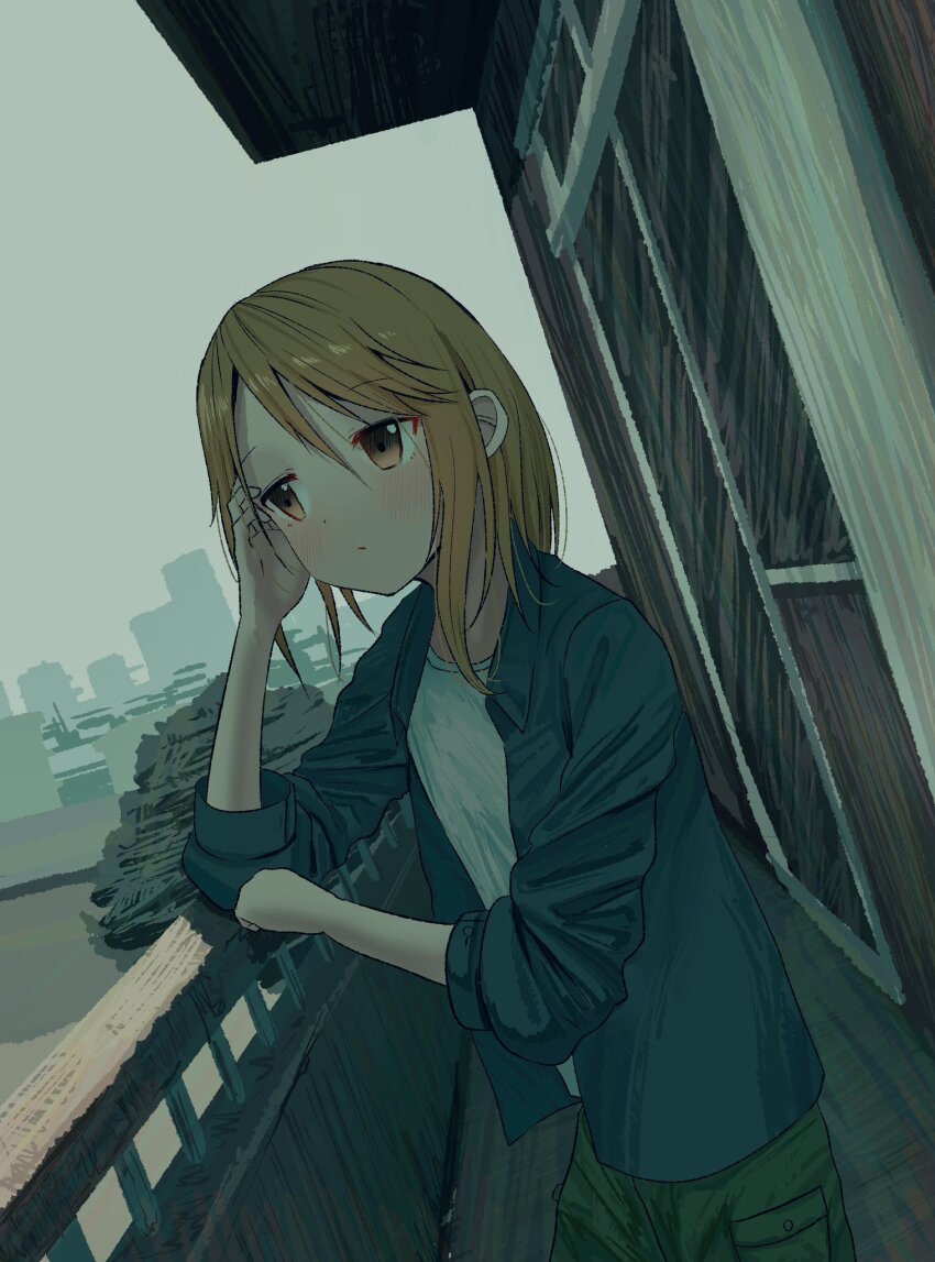 1girl against_railing apartment blonde_hair blue_shirt blush building camouflage camouflage_pants cargo_pants dutch_angle expressionless hand_on_own_face highres idolmaster idolmaster_cinderella_girls idolmaster_cinderella_girls_u149 medium_hair niwatoko_towani pants railing shirt sky white_shirt white_sky wooden_floor wooden_railing yellow_eyes yuuki_haru