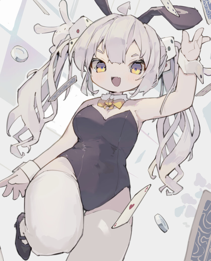 1girl absurdres animal_ears arm_up black_leotard black_shoes blush bow bowtie breasts card cleavage commentary covered_navel dated_commentary detached_collar dice_hair_ornament fang hair_ornament highres large_breasts leg_up leotard long_hair nep_(nep_76) open_mouth original playboy_bunny playing_card poker_chip rabbit rabbit_ears shoes skin_fang smile solo symbol-only_commentary thick_thighs thighhighs thighs tsurime twintails white_hair white_thighhighs wrist_cuffs yellow_bow yellow_bowtie yellow_eyes