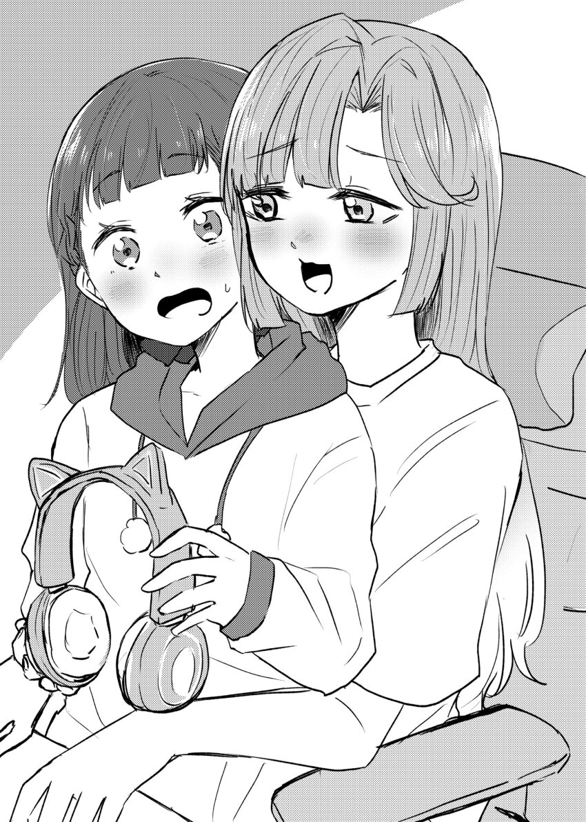 2girls :3 :d animal_ear_headphones animal_ears anyoji_hime anyoji_hime_(summer_loungewear) blunt_bangs blush cat_ear_headphones chair commentary_request curtained_hair fake_animal_ears fanfiction_available gaming_chair greyscale headphones highres holding holding_headphones hood hoodie kachimachi_kosuzu kachimachi_kosuzu_(summer_loungewear) link!_like!_love_live! long_sleeves love_live! monochrome multiple_girls namazakana_kuenai nose_blush on_chair open_mouth shirt short_sleeves sidelocks sitting sitting_on_lap sitting_on_person sleeves_past_wrists smile sweatdrop swivel_chair t-shirt unworn_headphones virtual_youtuber yuri