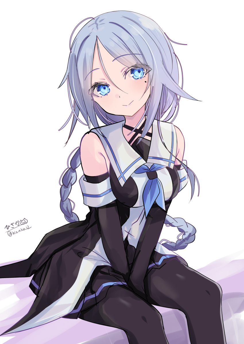 1girl absurdres black_gloves black_skirt blue_eyes blue_neckerchief blush braid breasts elbow_gloves gloves grey_hair hair_between_eyes highres hizaka kantai_collection long_hair looking_at_viewer mole mole_under_eye neckerchief one-hour_drawing_challenge ribbon school_uniform serafuku shirt signature simple_background single_braid sitting skirt sleeveless sleeveless_shirt smile solo twitter_username umikaze_(kancolle) very_long_hair white_background