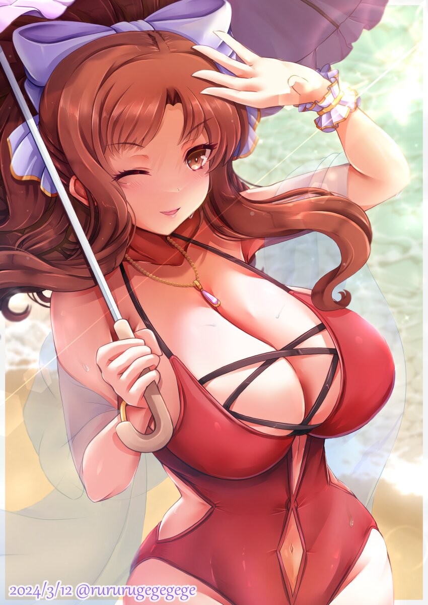 1girl absurdres akino_(princess_connect!) beach bow breasts cleavage clothing_cutout collarbone dated hair_bow highres holding holding_umbrella large_breasts long_hair navel_cutout one-piece_swimsuit outdoors parasol pendant_collar princess_connect! red_hair red_one-piece_swimsuit rururugegegege solo swimsuit twitter_username umbrella