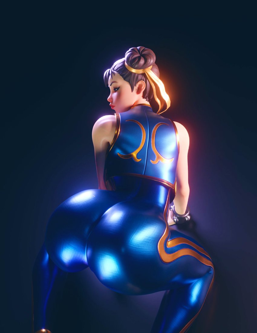 1girl 3d ass brown_hair capcom chun-li from_behind highres leggings looking_back ribbon shiny_clothes solo street_fighter street_fighter_zero_(series)