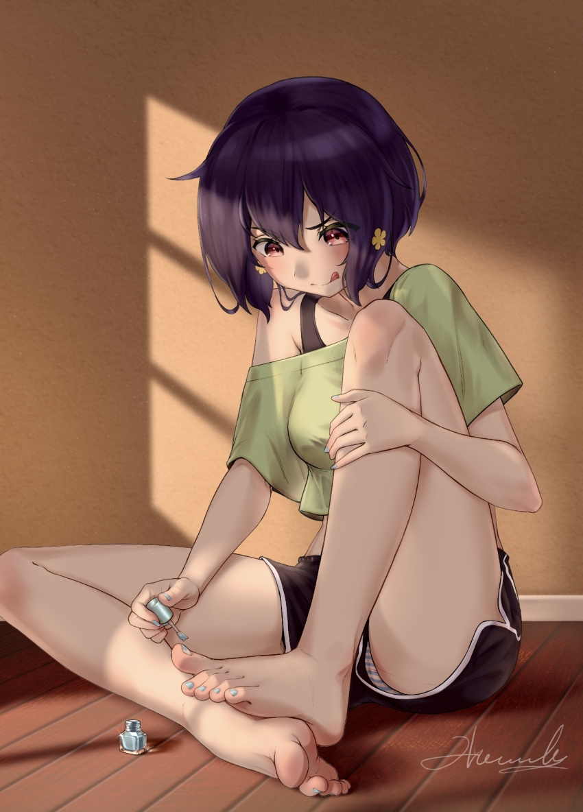 1girl :q barefoot dolphin_shorts feet flamerush191 highres light_blush medium_hair mizuno_ai nail_polish panties pantyshot red_eyes shorts soles striped_clothes striped_panties toenail_polish toenails toes tongue tongue_out underwear zombie_land_saga