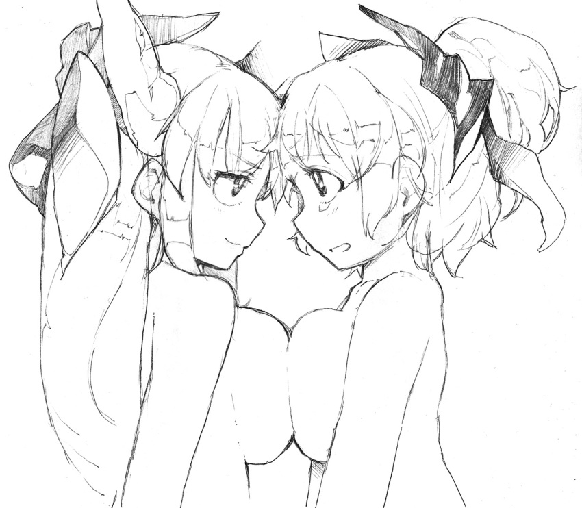 2girls alternate_breast_size bad_id bad_pixiv_id bare_shoulders breast_press breasts eye_contact female_focus greyscale horns ibuki_suika kurodani_yamame large_breasts looking_at_another monochrome multiple_girls nude open_mouth sketch smile symmetrical_docking tears topo_(bacchustab) topo_bevitore touhou white_background yuri