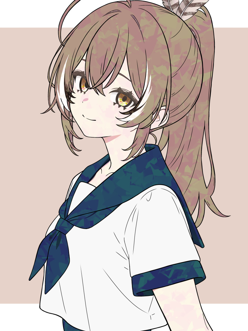 1girl absurdres ahoge alternate_costume brown_eyes brown_hair feathers hair_ornament highres hololive hololive_english long_hair looking_at_viewer military_uniform nanashi_mumei naval_uniform ponytail simple_background smile virtual_youtuber