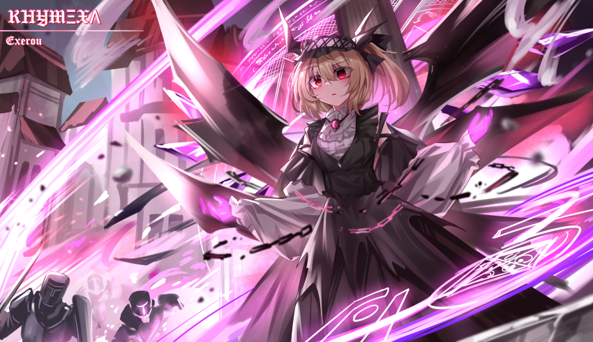1girl absurdres alternate_costume armor black_dress blonde_hair bow crystal crystal_wings dress flandre_scarlet frills glowing hair_ribbon hat hat_ribbon highres holding knight long_sleeves looking_at_viewer magic maimai_(game) mob_cap outdoors parted_lips pink_eyes puffy_sleeves red_eyes ribbon short_hair side_ponytail sigil skirt smile solo standing top-exerou touhou wings