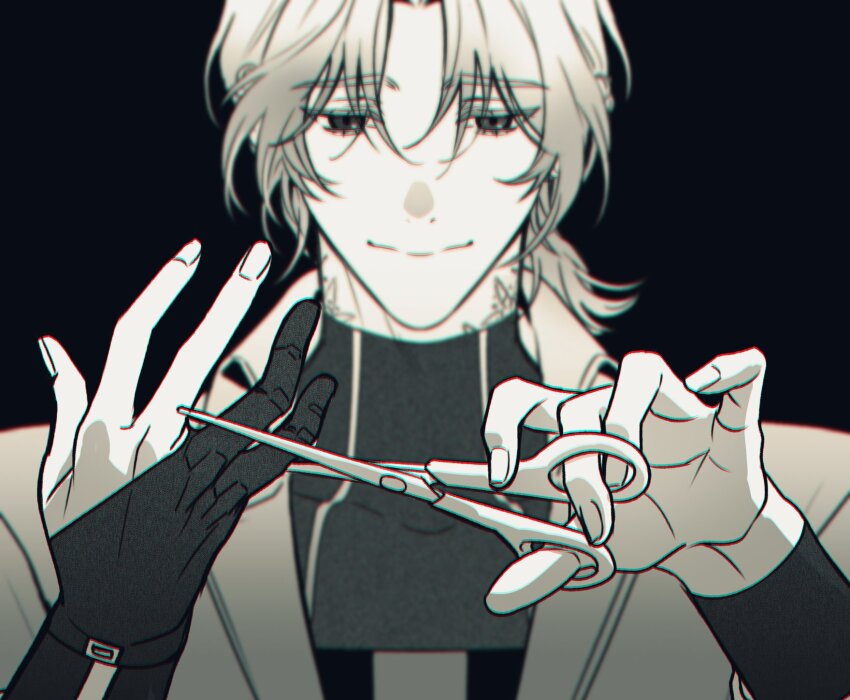 1boy black_background blurry blurry_background chromatic_aberration closed_mouth commentary_request eoduun_badaui_deungbul-i_doeeo greyscale highres holding holding_scissors kim_jaehee korean_commentary male_focus monochrome padakpadak_88 prosthetic_fingers scissors simple_background solo upper_body