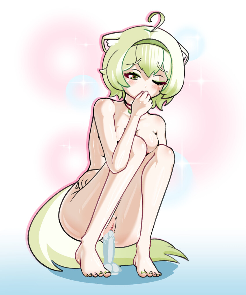 1girl ahoge animal_ears ass breasts breasts_squeezed_together dildo feet female_ejaculation female_focus female_masturbation ferret_ears ferret_girl ferret_tail food fruit green_eyes green_hair headband highres jewelry laimu_(vtuber) legs lime_(fruit) lime_necklace masturbation necklace nude object_insertion pussy pussy_juice sami_touchbutt sex_toy small_breasts solo squatting tail vaginal vaginal_object_insertion virtual_youtuber wet