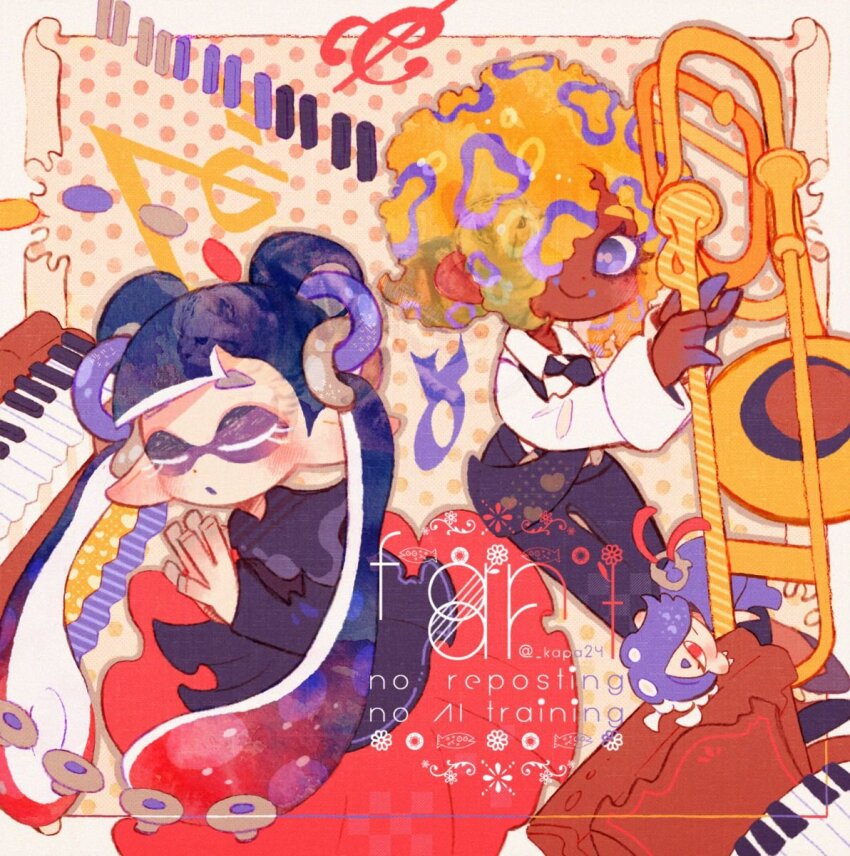 2girls black_dress black_hair black_necktie black_pants black_suspenders closed_eyes collared_shirt dark-skinned_female dark_skin detached_hair dress hair_over_one_eye highres holding holding_instrument holding_trombone instrument jessika_(splatoon) kappaman long_sleeves multiple_girls necktie nintendo pants piano purple_eyes red_hair shirt shiver_(splatoon) smile splatoon_(series) splatoon_3 tao_blu tentacle_hair trombone white_shirt